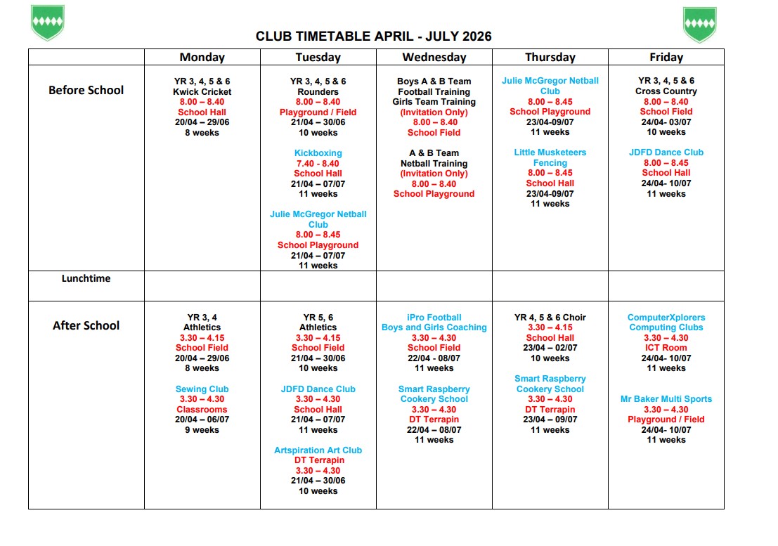 Club Timetable - Summer 2026